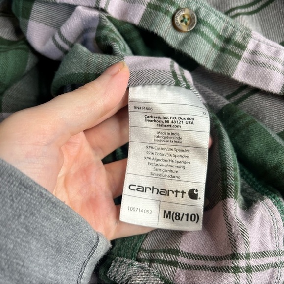 Carhartt Green Purple Flannel Shirt Size Medium Long Sleeve Plaid Collared Shirt - Picture 4 of 7